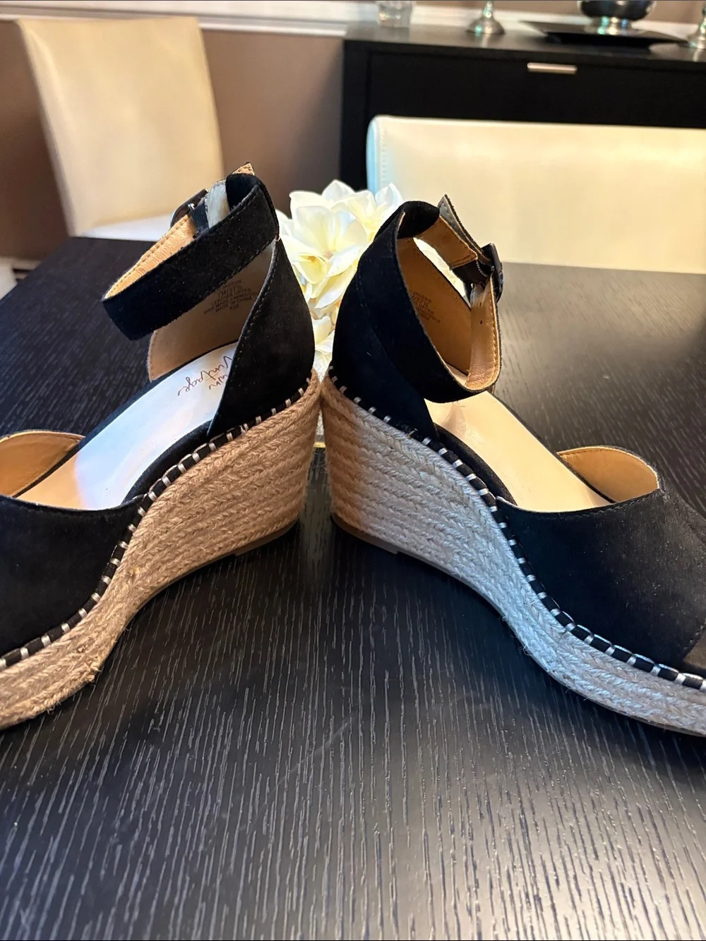Crown Vintage Black Suede Ankle-Strap Espadrille Wedges